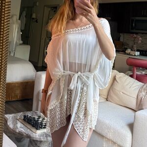 Bebe White Crochet Lace Boho Tunic Dress Sheer Resort Beach Goddess cover up